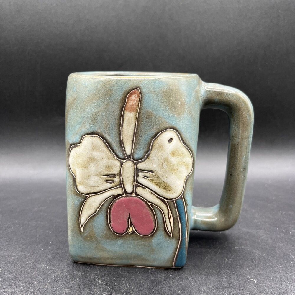 Mara Studio Pottery Orchid Flower Mug Morelia Mexico Square Base Hand Painted